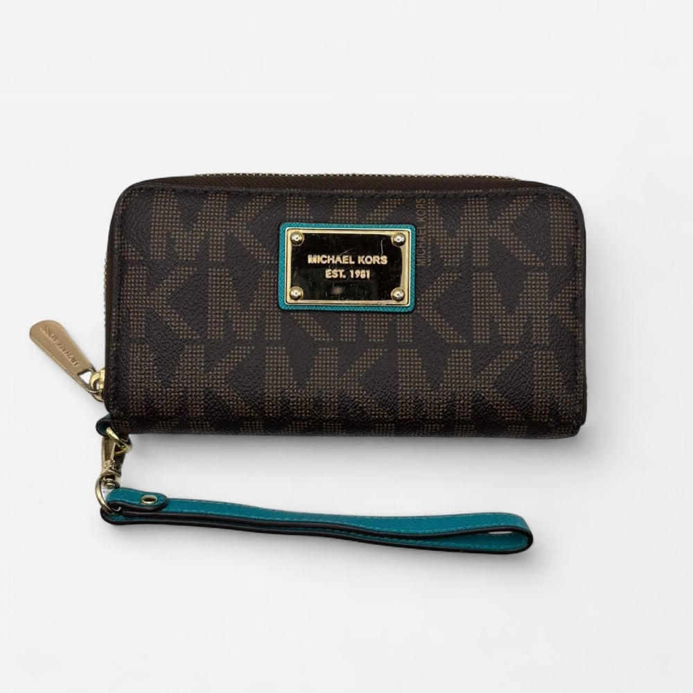 Michael Kors Brown & Teal Wristlet Wallet